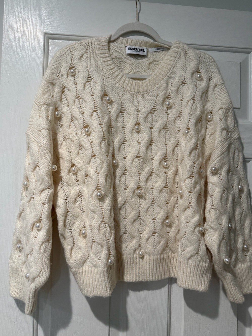 Essentiel Antwerp Pearl Embellished Cable Knit Sweater Ivory Cream XL